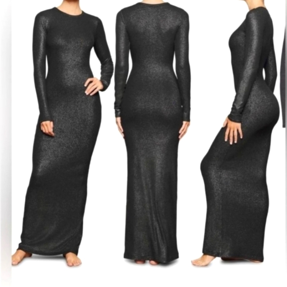 NWT Skims Lounge Crew Neck Ribbed Long Sleeve Maxi Dress In Onyx Foil Size XL